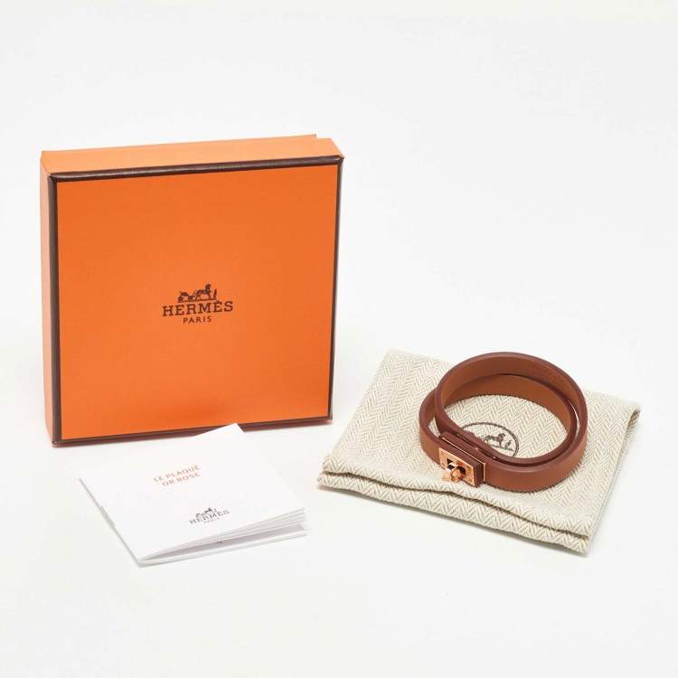 Pre Owned Hermes Light Brown Leather Gold Plated Mini Kelly Double Tour Bracelet