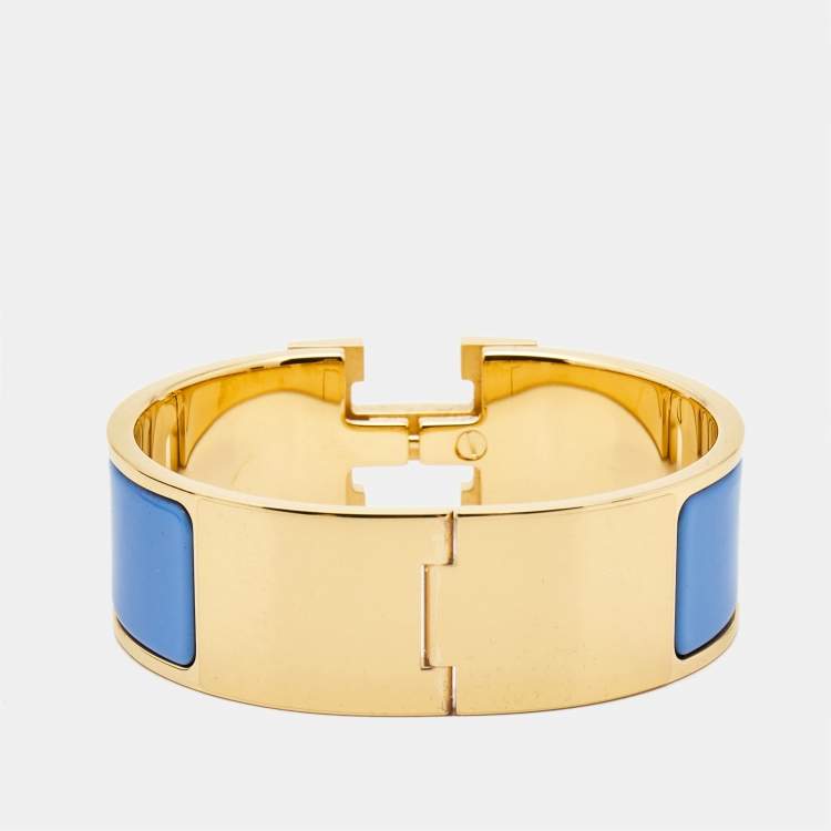Pre Owned Hermes Clic Clac H Blue Enamel Gold Plated Bracelet