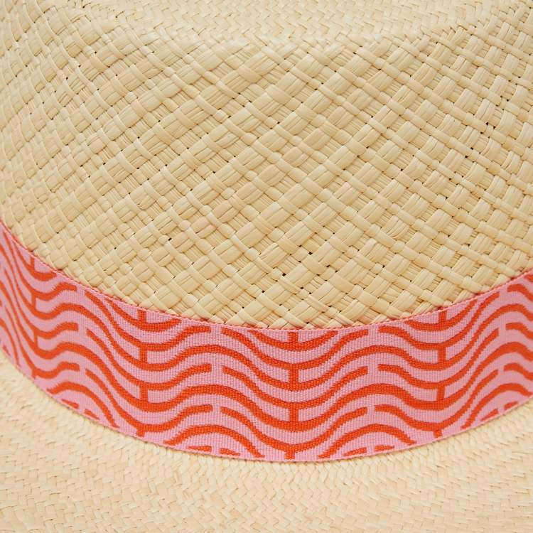 Pre Owned Hermes Beige Panama Chevron Trim Straw Elettra Hat Size 56