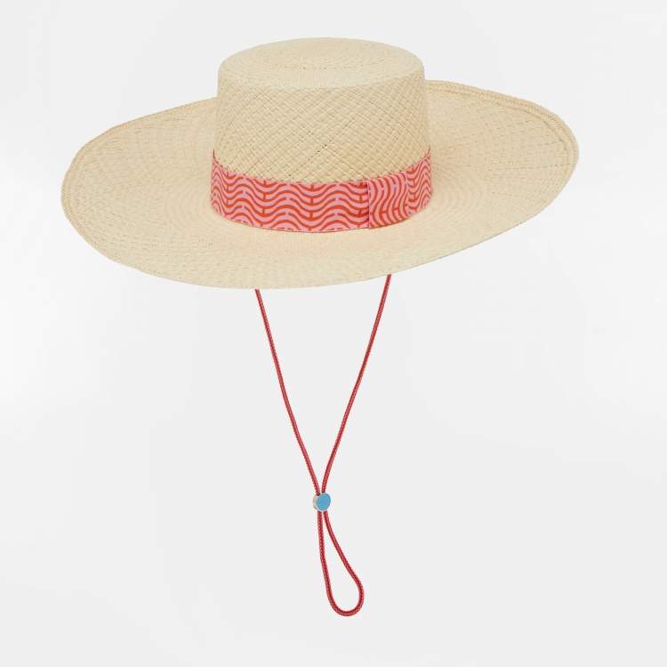 Pre Owned Hermes Beige Panama Chevron Trim Straw Elettra Hat Size 56