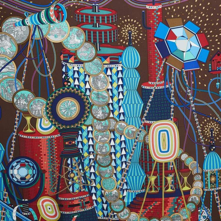 Pre Owned Hermès Brown Print Silk Le Laboratoire Du Temps Square Scarf