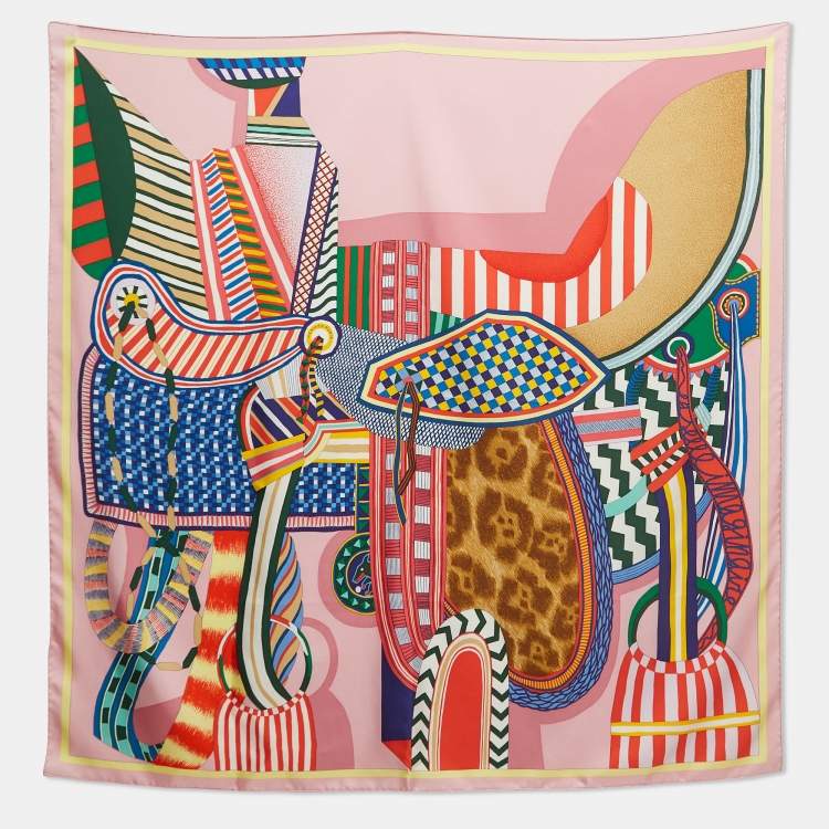 Pre Owned Hermès Pink Print Silk La Selle Imaginaire Scarf