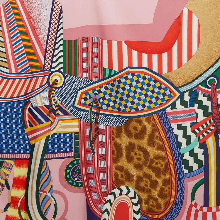 Pre Owned Hermès Pink Print Silk La Selle Imaginaire Scarf
