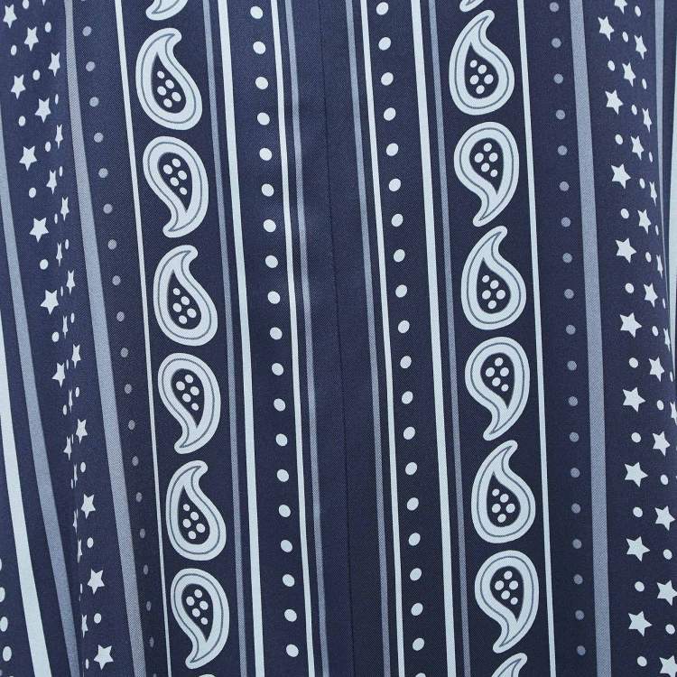 Pre Owned Hermes Navy Blue Printed Silk Twill Kaftan Midi Dress M