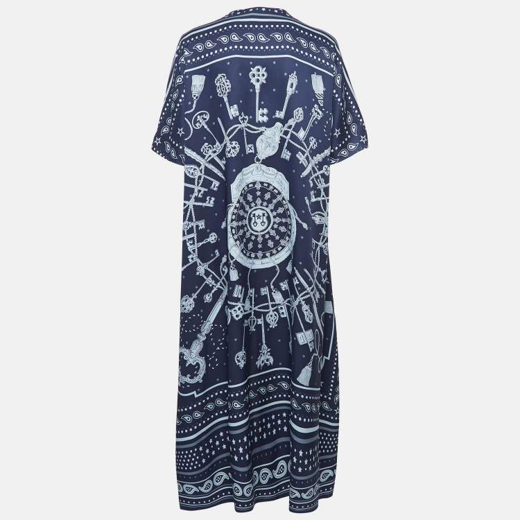 Pre Owned Hermes Navy Blue Printed Silk Twill Kaftan Midi Dress M