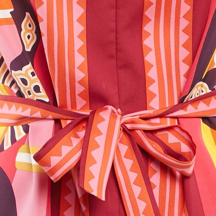 Pre Owned Hermes Pink/Multicolor Printed Silk Mini Kaftan Dress M