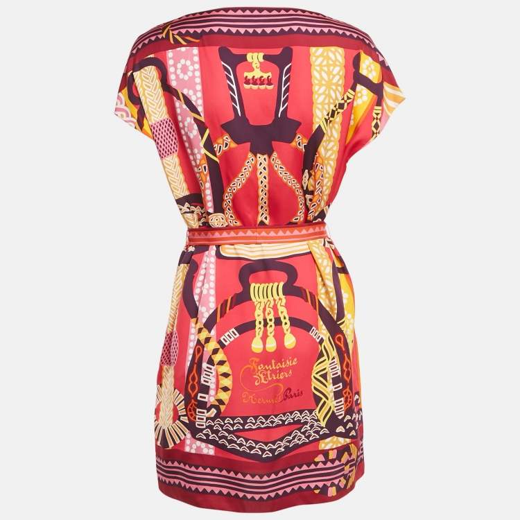 Pre Owned Hermes Pink/Multicolor Printed Silk Mini Kaftan Dress M