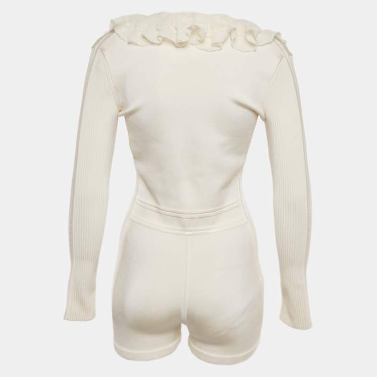 Pre Owned Hermes Off-White Silk Blend Knit Ruffled Playsuit S