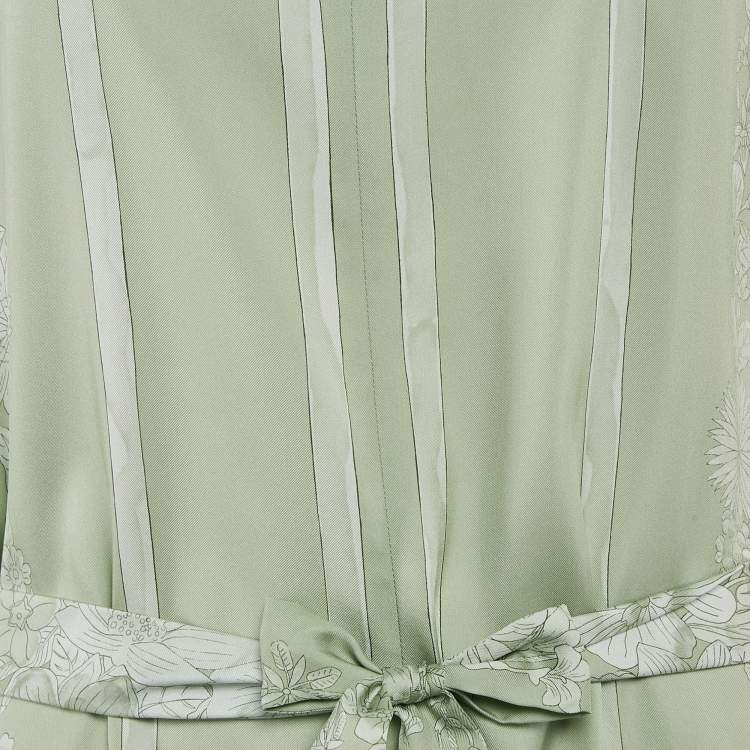 Pre Owned Hermès Green Printed Silk Belted Maxi Dress M