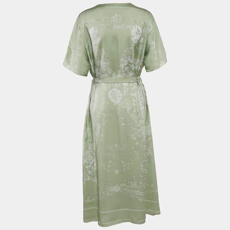 Pre Owned Hermès Green Printed Silk Belted Maxi Dress M