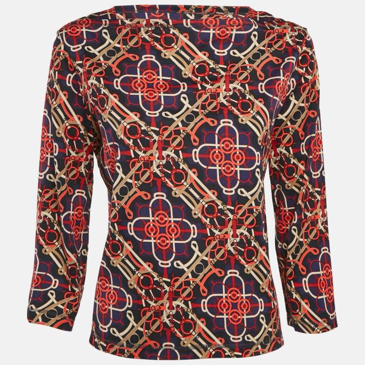 Pre Owned Hermès Navy Blue Printed Cotton Knit Full Sleeve Top M