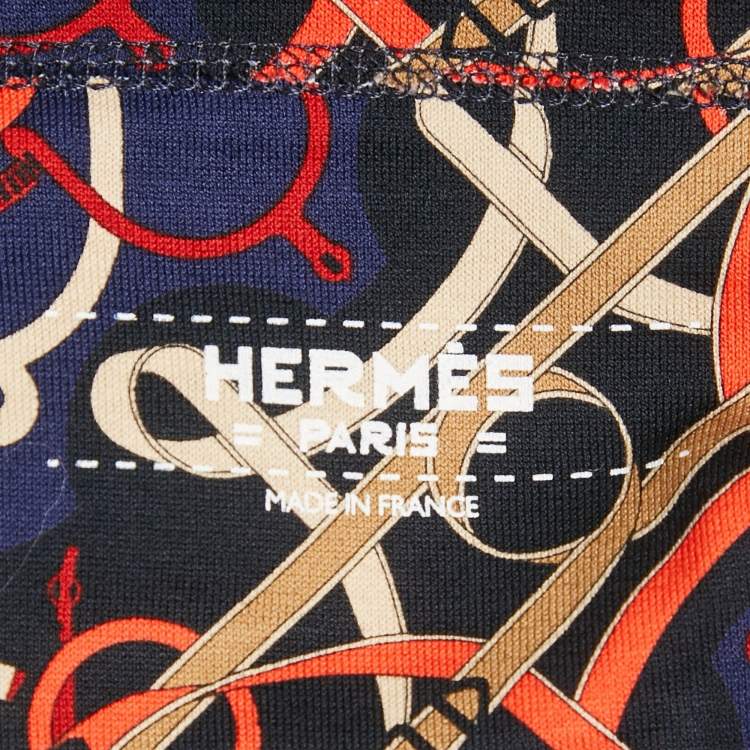 Pre Owned Hermès Navy Blue Printed Cotton Knit Full Sleeve Top M