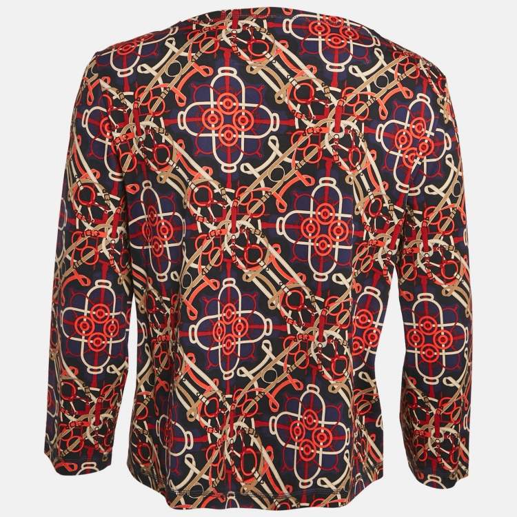Pre Owned Hermès Navy Blue Printed Cotton Knit Full Sleeve Top M