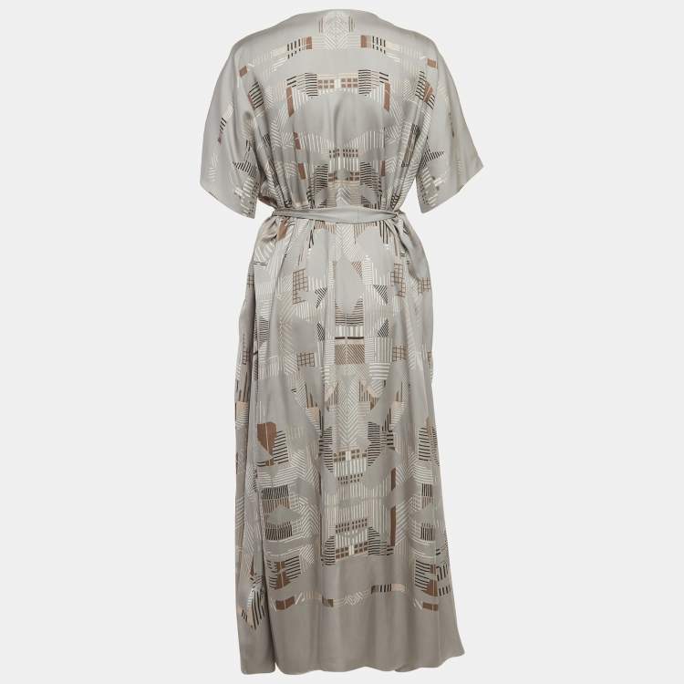 Pre Owned Hermes Grey Printed Silk Belted Maxi Dress M