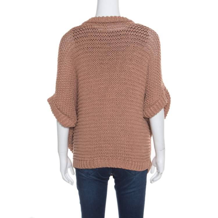 Pre Owned Hermes Cinnamon Brown Chunky Open Knit Linen Batwing Sleeve Sweater L