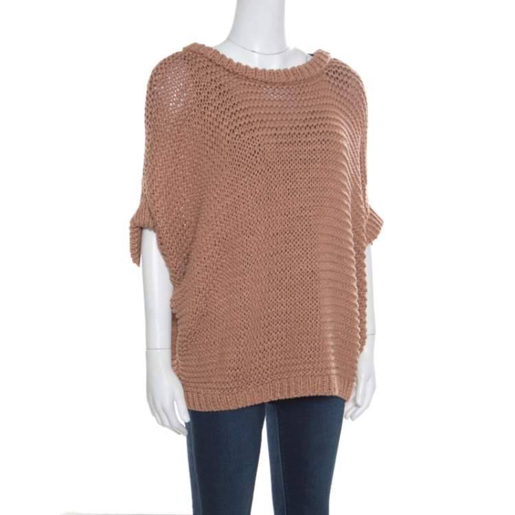 Pre Owned Hermes Cinnamon Brown Chunky Open Knit Linen Batwing Sleeve Sweater L