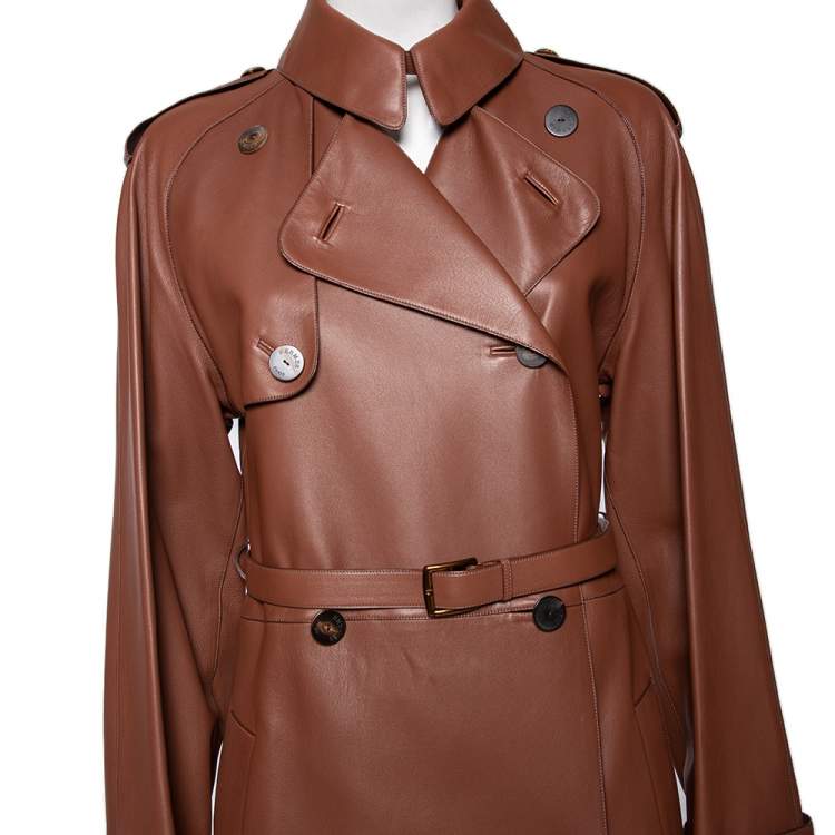 Pre Owned Hermès Brown Lambskin Leather Double Breasted Belted Coat M