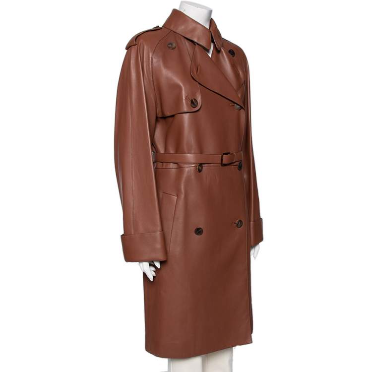 Pre Owned Hermès Brown Lambskin Leather Double Breasted Belted Coat M