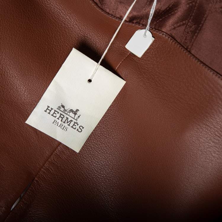 Pre Owned Hermès Brown Lambskin Leather Double Breasted Belted Coat M