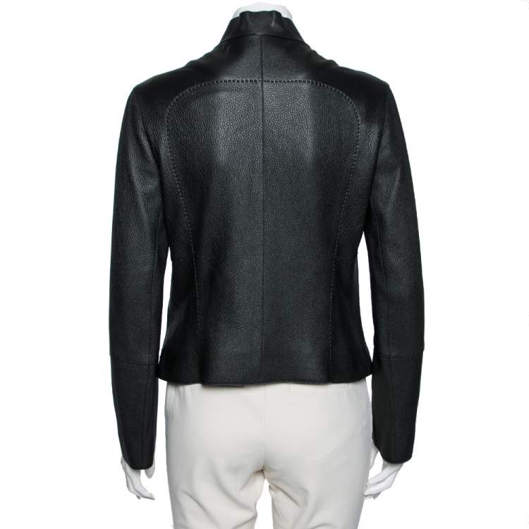 Pre Owned Hermes Black Leather Zip Front Biker Jacket M