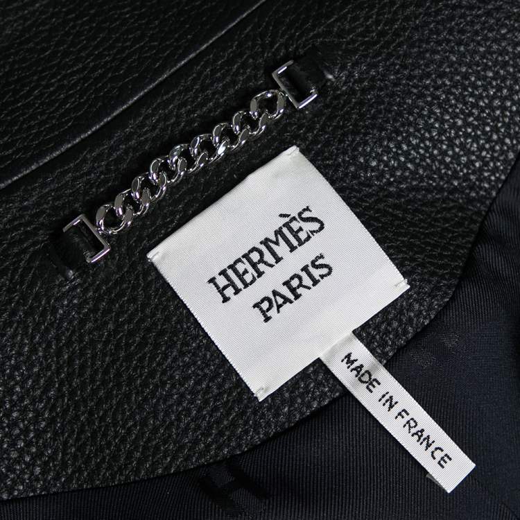 Pre Owned Hermes Black Leather Zip Front Biker Jacket M