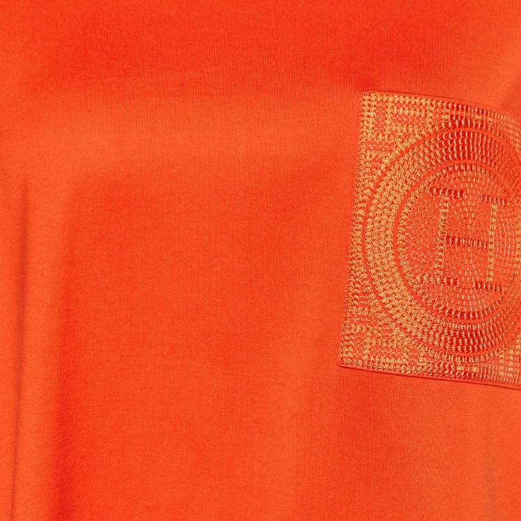 Pre Owned Hermes Orange Embroidered Pocket Detail Cotton Knit T-Shirt M
