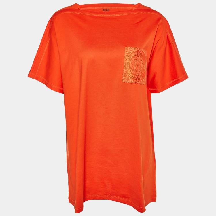 Pre Owned Hermes Orange Embroidered Pocket Detail Cotton Knit T-Shirt M