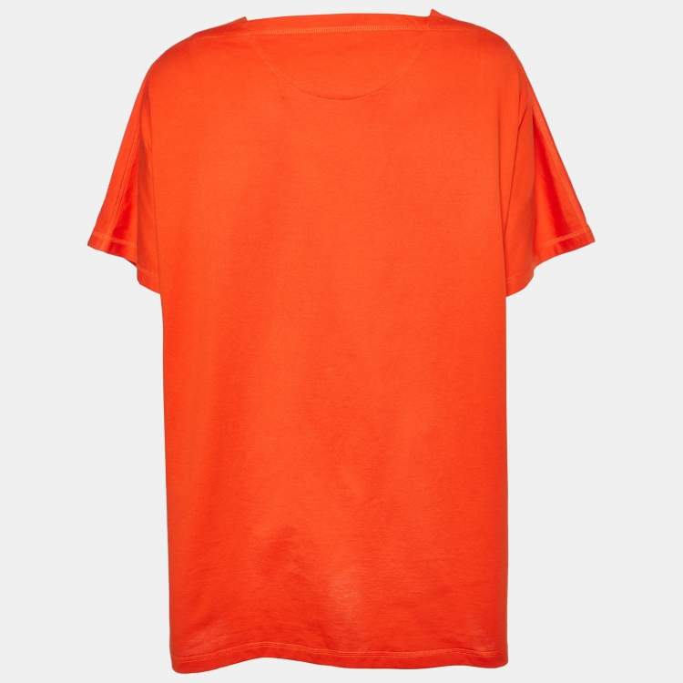 Pre Owned Hermes Orange Embroidered Pocket Detail Cotton Knit T-Shirt M