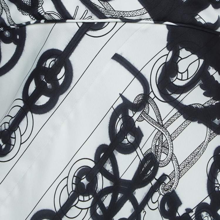 Pre Owned Hermes White/Black Printed Silk Twill Midi Dress M