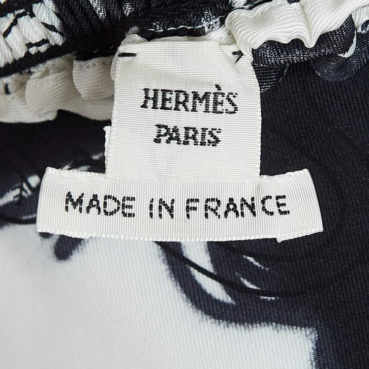 Pre Owned Hermes White/Black Printed Silk Twill Midi Dress M