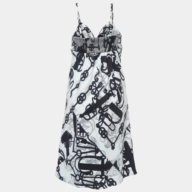Pre Owned Hermes White/Black Printed Silk Twill Midi Dress M