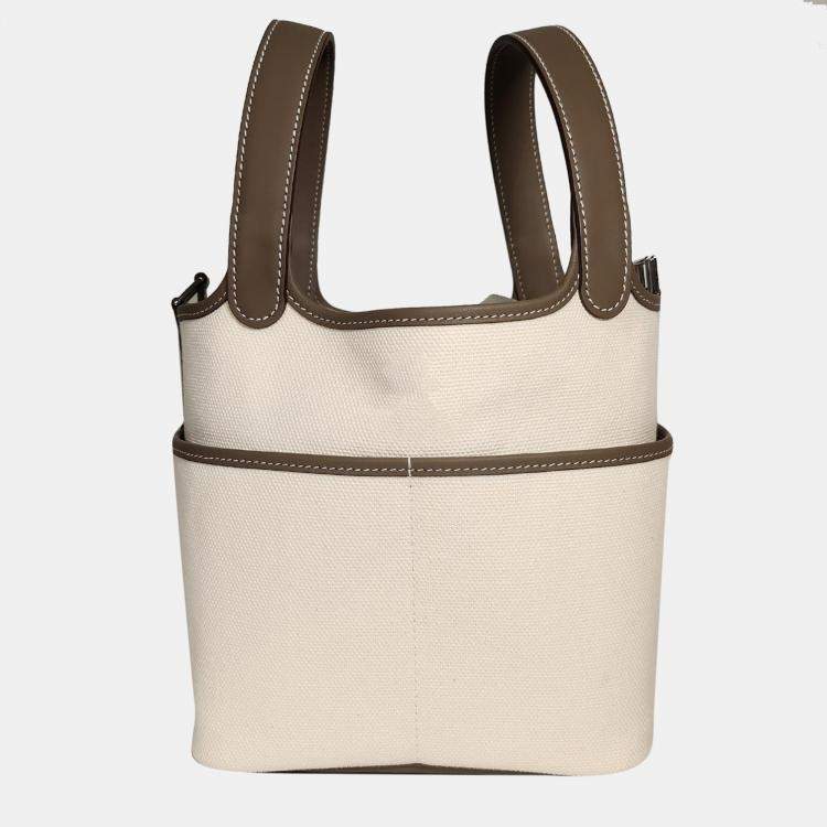 Pre Owned Hermes Cargo Ecru Toile Etoupe Swift Picotin 18 bag PHW