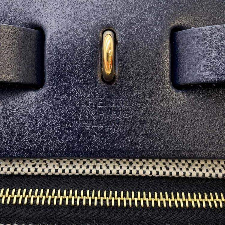 Pre Owned Hermes Herbag Zip Le Tourne Black/Blue Nuit Toile H Berline Vache Hunter Leather Size PM