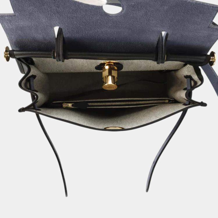 Pre Owned Hermes Herbag Zip Le Tourne Black/Blue Nuit Toile H Berline Vache Hunter Leather Size PM