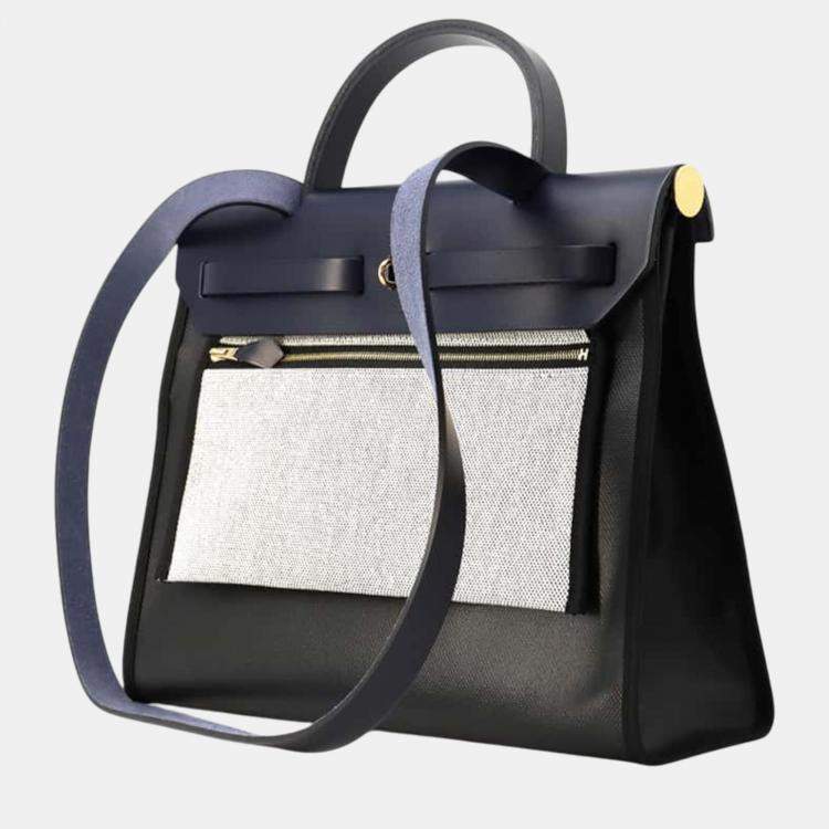 Pre Owned Hermes Herbag Zip Le Tourne Black/Blue Nuit Toile H Berline Vache Hunter Leather Size PM