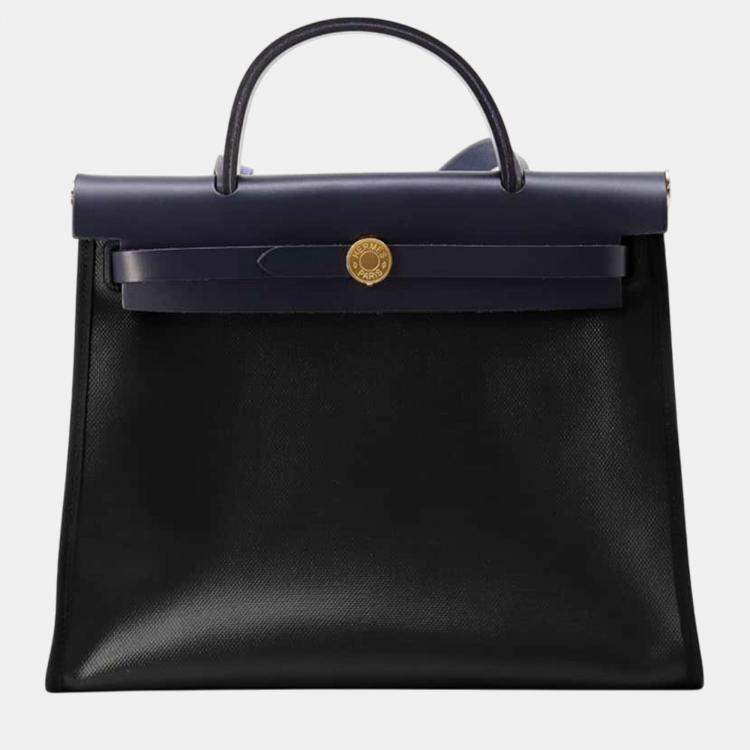 Pre Owned Hermes Herbag Zip Le Tourne Black/Blue Nuit Toile H Berline Vache Hunter Leather Size PM