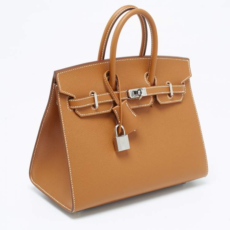 Pre Owned Hermes Gold Epsom Leather Palladium Finish Birkin Sellier 25 Bag