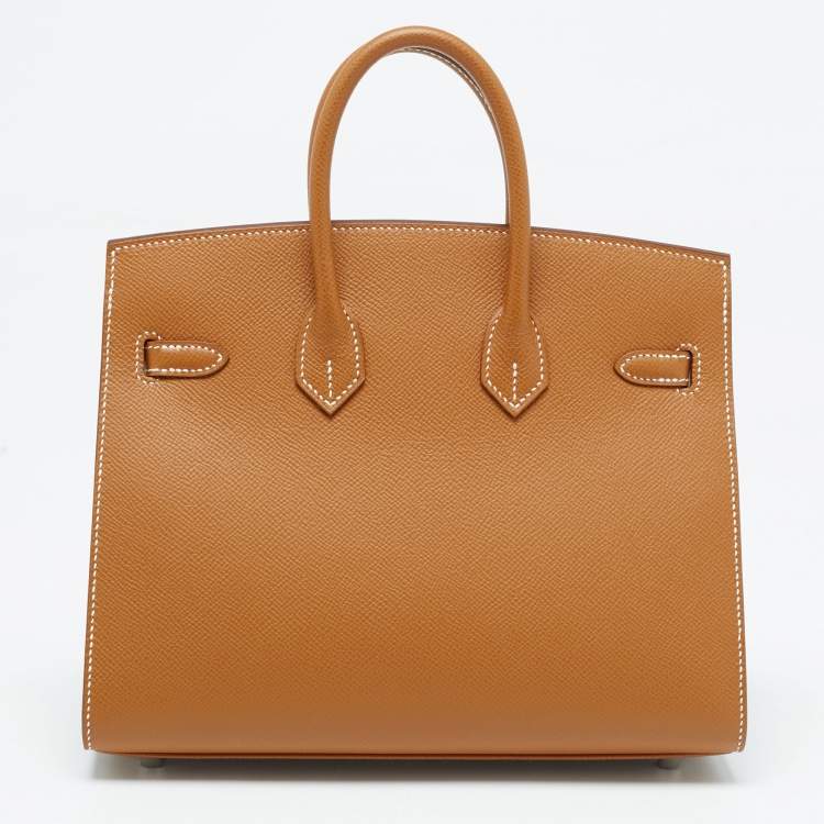 Pre Owned Hermes Gold Epsom Leather Palladium Finish Birkin Sellier 25 Bag