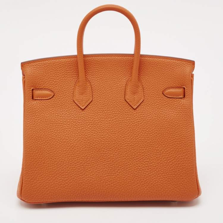 Pre Owned Hermes Orange Togo Leather Palladium Finish Birkin 25 Bag