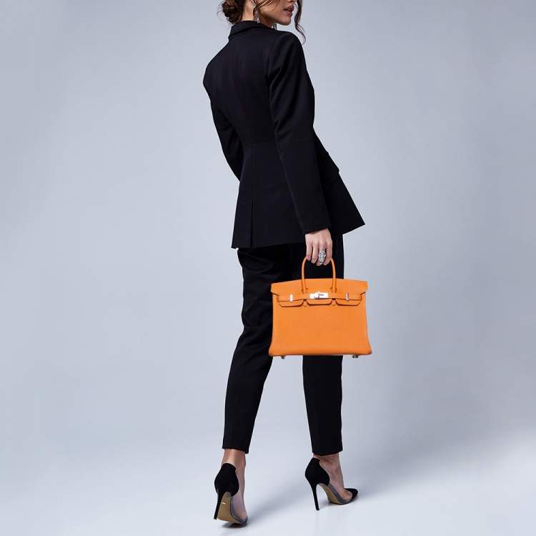Pre Owned Hermes Orange Togo Leather Palladium Finish Birkin 25 Bag