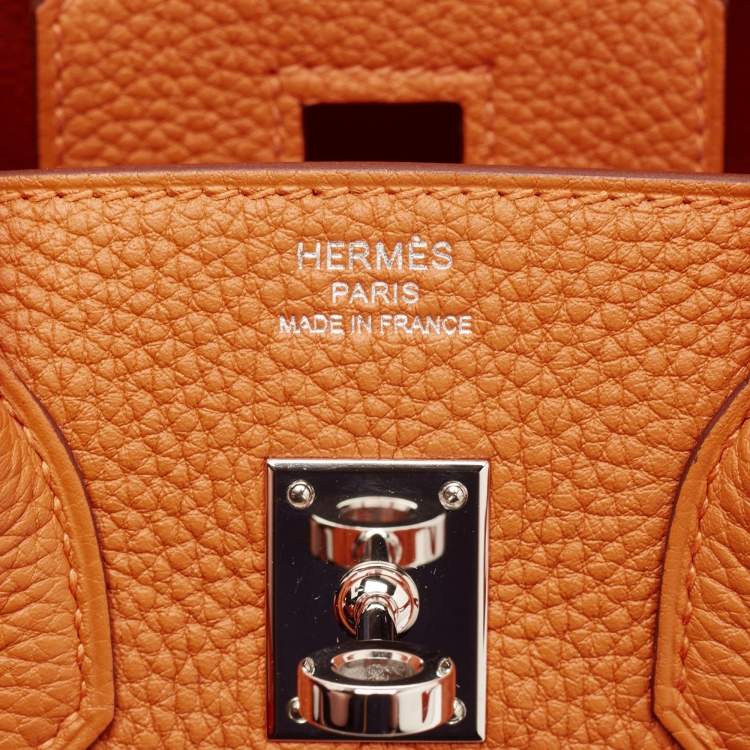 Pre Owned Hermes Orange Togo Leather Palladium Finish Birkin 25 Bag