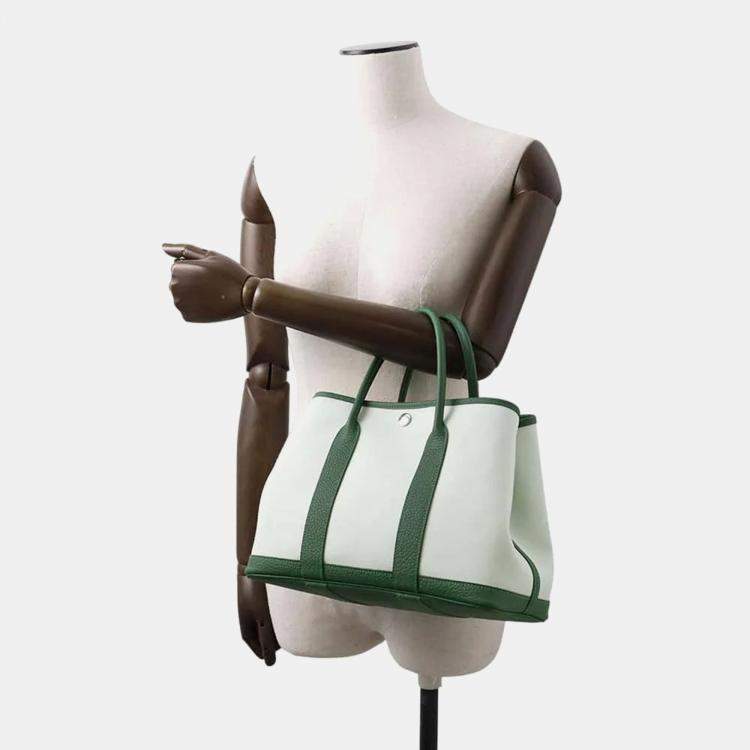 Pre Owned Hermes Vert Peppermint Vert Moyen Toile H Negonda Leather Garden Party TPM Tote Bag