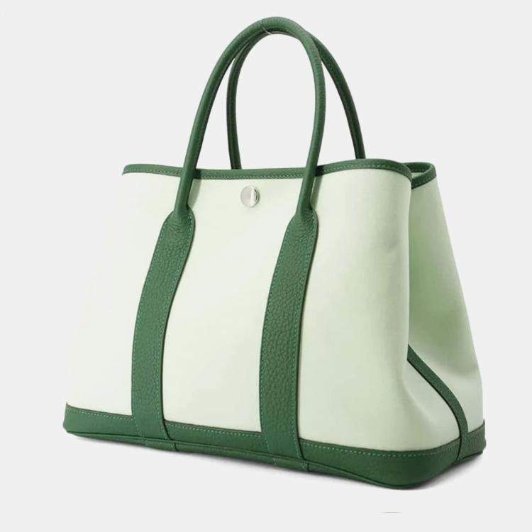 Pre Owned Hermes Vert Peppermint Vert Moyen Toile H Negonda Leather Garden Party TPM Tote Bag