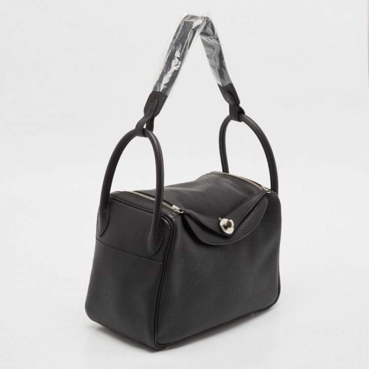 Pre Owned Hermes Noir Taurillon Clemence Leather Palladium Finish Lindy 30 Bag
