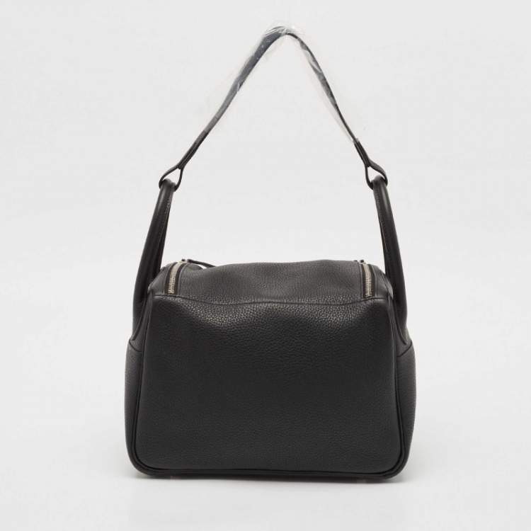 Pre Owned Hermes Noir Taurillon Clemence Leather Palladium Finish Lindy 30 Bag