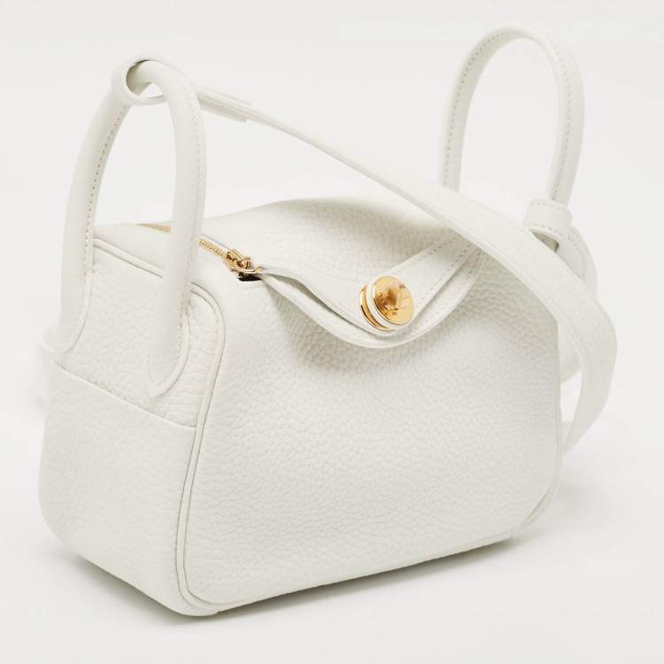 Pre Owned Hermès Blanc Taurillon Clemence Leather Gold Finish Mini Lindy Bag