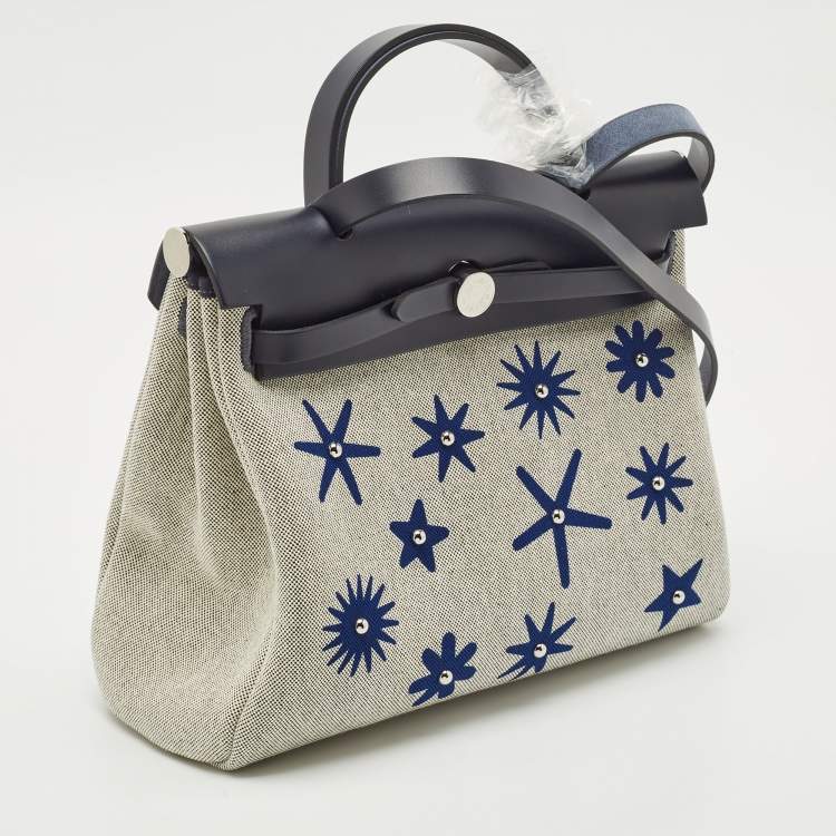 Pre Owned Hermès Bleu Royal/Ecru/Indigo H Plume Toile and Vache Hunter Circuit Rider Hobnailed Herbag 31 Bag