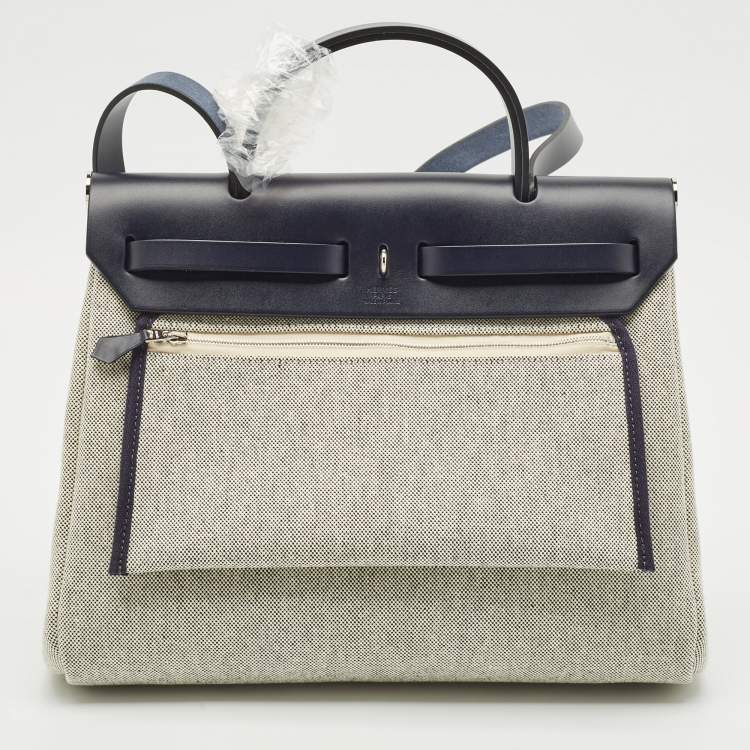 Pre Owned Hermès Bleu Royal/Ecru/Indigo H Plume Toile and Vache Hunter Circuit Rider Hobnailed Herbag 31 Bag