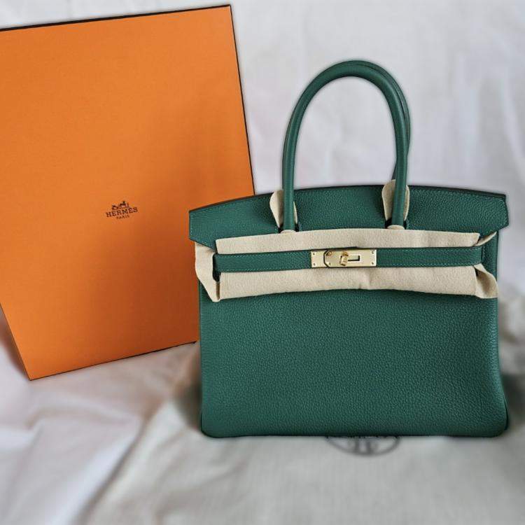 Pre Owned Hermes Vert Moyen Togo Leather Gold Finished Birkin 30