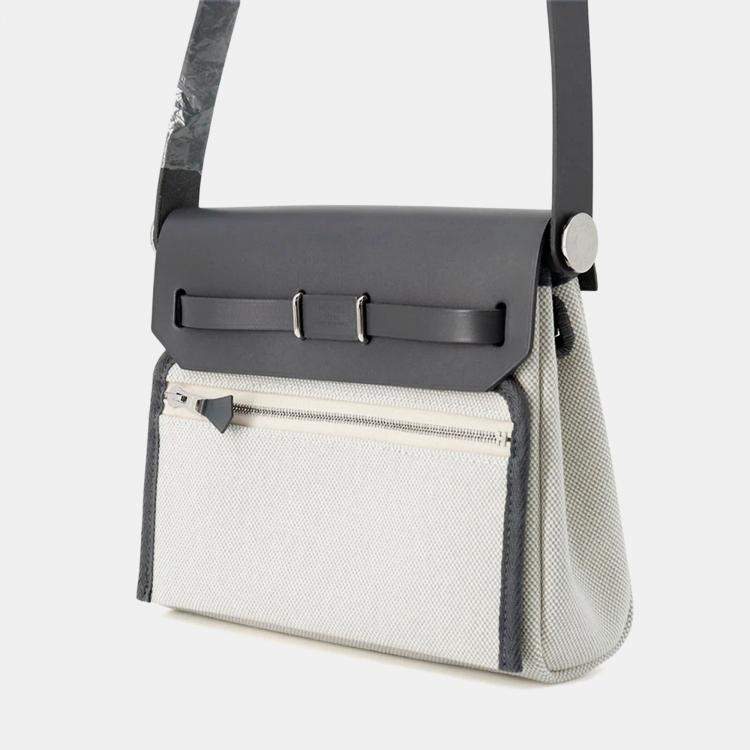 Pre Owned Hermes Herbag Mini Ardoise/Ecru Toile H Vache Hunter Leather Handbag